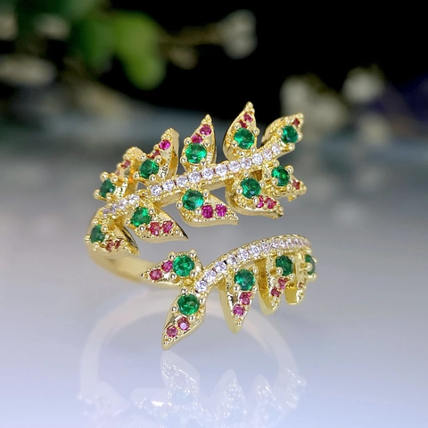 Eleganter Blatt Weizenähre Verstellbarer Offener Ring Kupfer Mit Bunten Zirkonia Eingelegter Modeschmuck