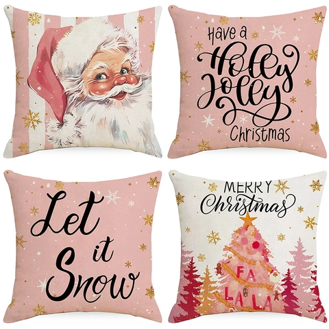 Fodera Per Cuscino Natalizio Rosa Lino Fiocco Di Neve Babbo Natale Albero Di Natale Decorativa Per Divano Soggiorno