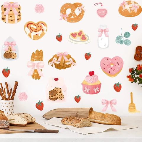Cute Cartoon Bakery Dessert Wall Stickers PVC Self Adhesive Decals For Kitchen Restaurant Bedroom Decor Croissant Donut Strawberry Pattern