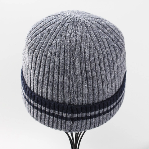 Men Knitted Beanie Hat Wool Acrylic Blend Fleece Lined Winter Warm Striped Cuff Sport Metal Label Decoration