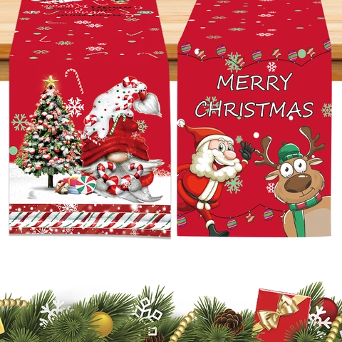 Red Christmas Table Runner 178cm Fleece Fabric Santa Reindeer Gnome Pattern Festive Xmas Party Dining Table Decoration