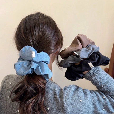 Scrunchie In Tessuto A Pois Con Strass Elastico Per Capelli Oversize Stile Retro Semplice Per Donne Ragazze Fatto A Mano