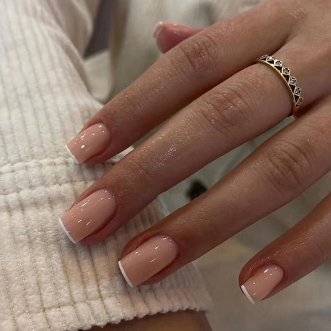 French Style Press On Nagels Kort Vierkant Roze Wit Glanzend Elegante Kunstnagels Voor Dames Dagelijkse Salonlook
