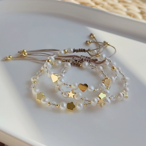 Natural Freshwater Pearl Bracelet 18K Gold Plated Copper Heart Star Clover Charms Handmade Woven Adjustable For Women