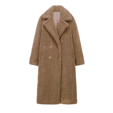Women Long Teddy Bear Coat Faux Fur Shearling Jacket Double Breasted Wide Lapel Thick Warm Winter Overcoat Outwear