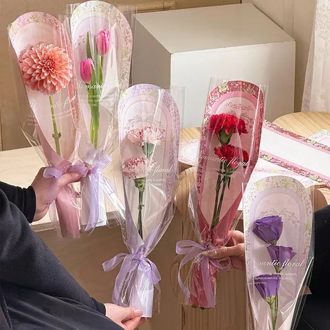 Single Flower Packaging Bag Romantic Floral DIY Bouquet Wrapping Material With Ribbon For Rose Carnation