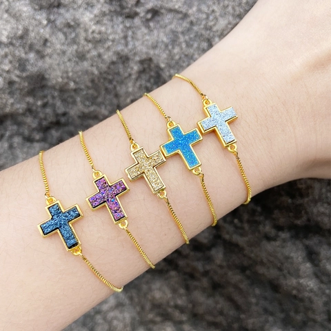 Bracciale Croce Rame Placcato Oro Pietra Druzy Chiusura Scorrevole Regolabile Catena Box Gioielli Di Moda Donna