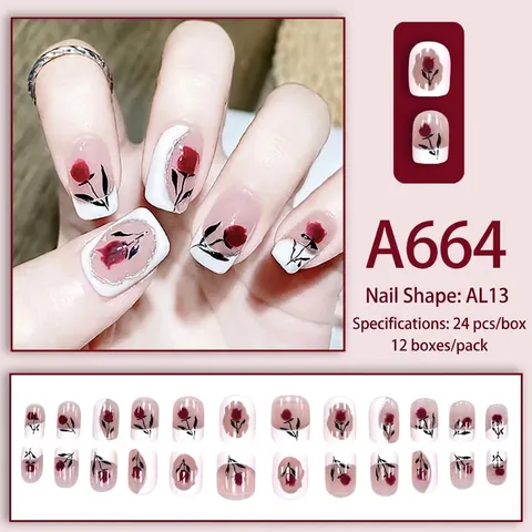 Press On Nagels Franse Stijl Witte Tips Rode Roos Bloemmotief Korte Kunstnagels Glanzende Afwerking Voor Vrouwen