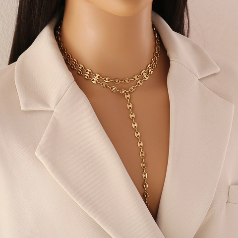 Stainless Steel Pig Nose Coffee Bean Y-Shaped Necklace For Women Gold Plated Double Layered Heart Pendant Fashion Jewelry Gift