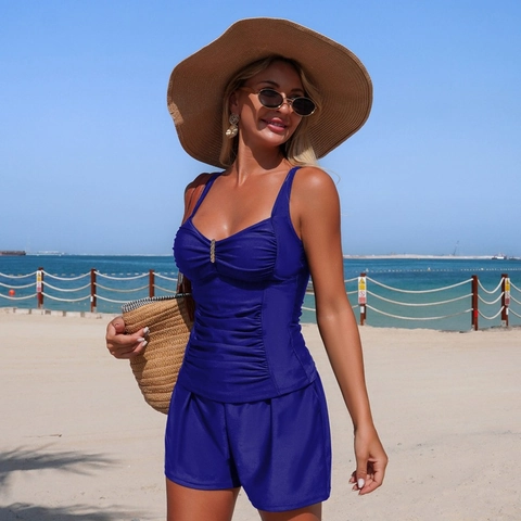 Women Tankini Swimsuits Ruched Tummy Control Top And Wide Leg Shorts With Pockets Solid Beachwear