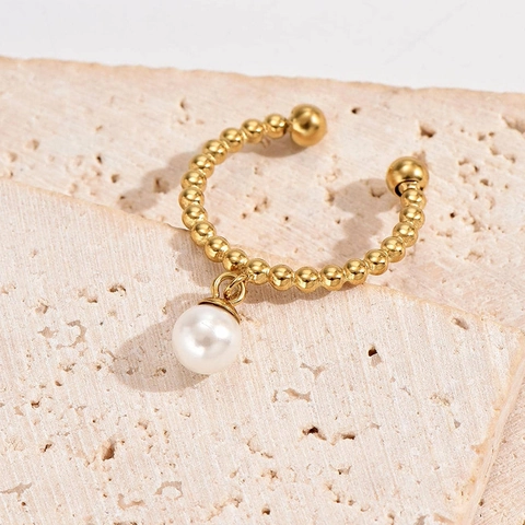 Verstelbare Ring Met Kunstparelhanger Titanium Staal Verguld Kralenketting Franse Vintage Minimalistische Sieraden Voor Dames