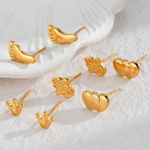 Stud Earrings Stainless Steel Geometric Crown Heart Hamsa Hand Footprint Sun Leaf Fashion Jewelry Accessories For Women