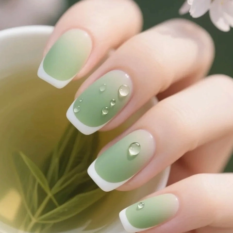 Press On Nails Mint Green Gradient French White Tips 3D Water Drop Design ABS Resin Manicure For Women Elegant