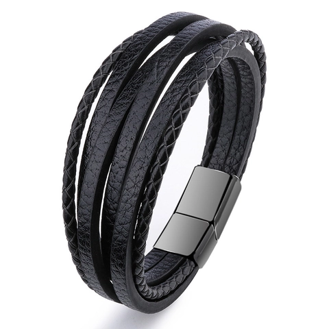 Multi Layer Leather Woven Bracelet For Men With Alloy Magnetic Buckle Retro Punk Style Jewelry