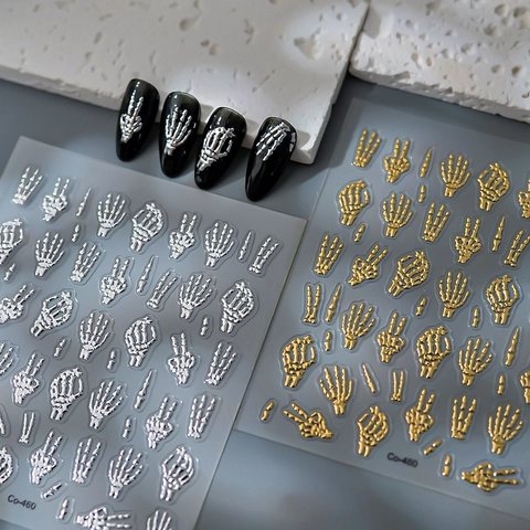 3D Nail Art Stickers Skeleton Hands Skull Embossed Metallic Colors Halloween Gothic Punk DIY Manicure