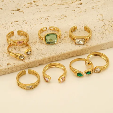 Anillo De Acero Inoxidable Con Circón Bañado En Oro 18K Ajustable Abierto Joyería Vintage Para Mujer