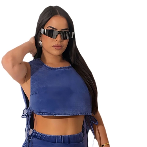 Top Canotta In Denim Stringato Da Donna Senza Maniche Corto Tinta Unita Streetwear Sexy Cotone Rayon Canotta