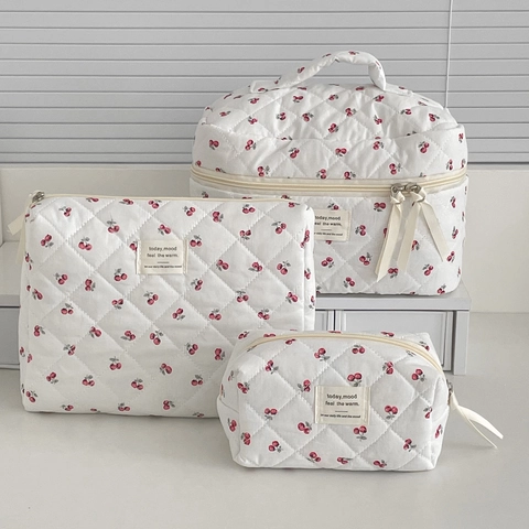 Borsa Per Trucco In Cotone Trapuntato Stampa Ciliegia Rossa Organizzatore Da Viaggio Per Cosmetici Fresco Dolce
