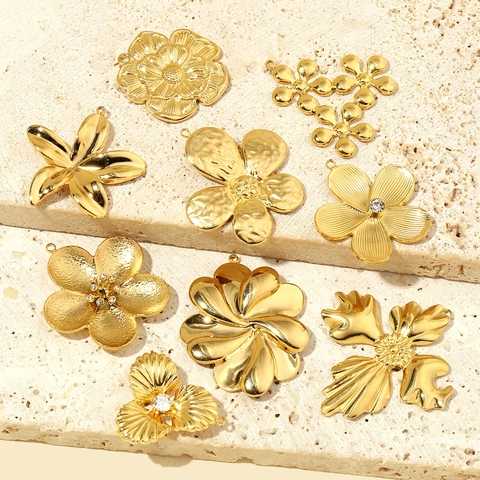 Colgantes De Pétalos De Flores Retro Franceses Acero Inoxidable Chapado En Oro Circón Incrustado Para Hacer Joyas DIY