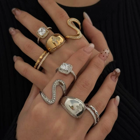 Anello Acciaio Inossidabile Donna Zircone Irregolare Geometrico Forma Onda Croce Dorato Gioiello Regolabile