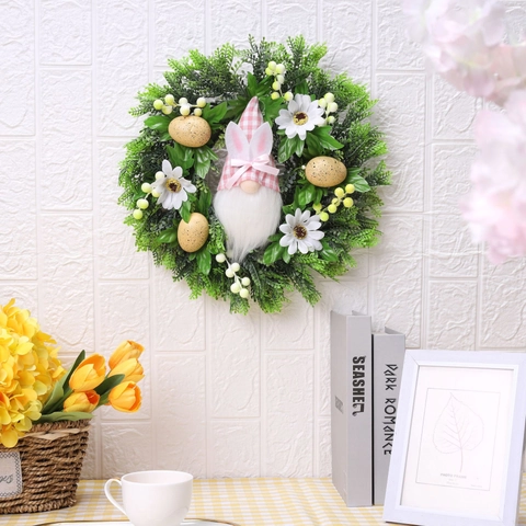 Corona De Pascua Artificial Colgante De Puerta Con Gnomo Orejas De Conejo Huevos Moteados Margaritas Plástico Tela
