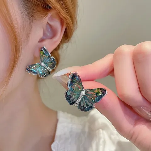 Pendientes De Mariposa Degradado Azul Verde Con Poste De Plata De Ley 925 Aleación Circonita Perla Artificial Joyería Elegante Brillante