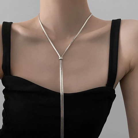 Collar De Doble Capa Cadena De Serpiente En Y Para Mujer Hebilla Ajustable Acero Inoxidable Minimalista Elegante Borla Larga