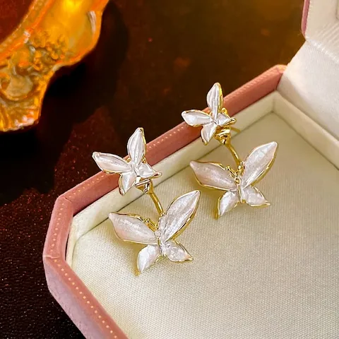 Elegant Double Butterfly Enamel Stud Earrings With 925 Sterling Silver Earring Post For Women Gold Plated Drip Oil