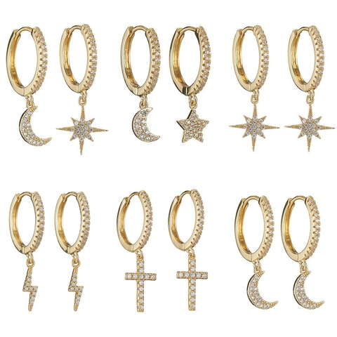 Orecchini Cerchio Asimmetrici Con Perno In Argento Sterling 925 Luna Stella Croce Fulmine Rame Zirconia Donne
