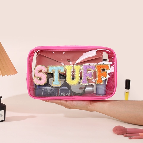 Borsa Da Trucco Trasparente In PVC Con Toppe In Lettere Di Ciniglia Impermeabile Grande Capacità Organizer Da Viaggio
