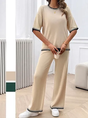 Damen Strick Kurzarm Oberteil Und Weite Hose Kontraststreifen Detail Lässige Resort Mode Loungewear