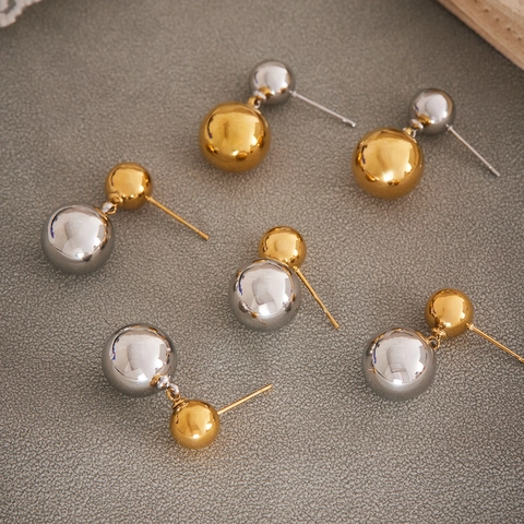 Minimalist Stainless Steel Hollow Round Ball Drop Earrings PVD 18K Gold Plated Bicolor Mirror Polished For Women
