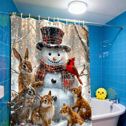 Kerst Douchegordijn Waterdicht Polyester Sneeuwpop Bosdieren Badkamer Decoratie Met Kunststof Haken