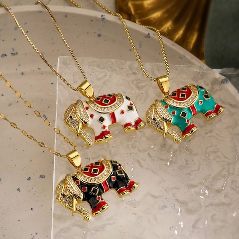 Elephant Pendant Necklace Copper 18K Gold Plated Zircon Colorful Enamel Animal Clavicle Chain Jewelry For Women