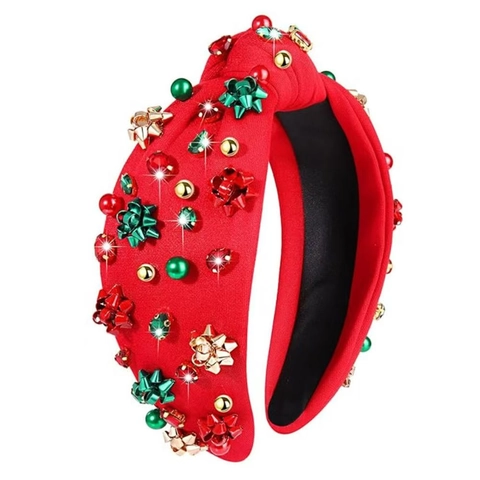 Christmas Knotted Headband Rhinestone Faux Artificial Pearl Padded Hairband Festive Holiday Party Hair Accessories For Women