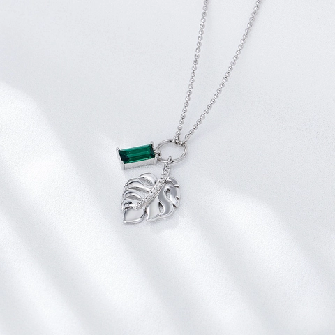 Collar de Pendiente de Hoja de Monstera de Plata de Ley 925 Circonia Verde Esmeralda Incrustada Joyería Chapada en Oro Mujer