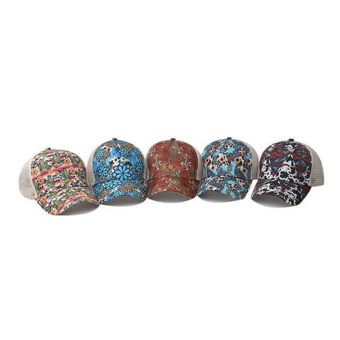 Gorra De Béisbol Para Mujer Cola De Caballo Criss Cross High Messy Bun Malla Trucker Sombrero Algodón Impreso Parasol Ajustable Al Aire Libre