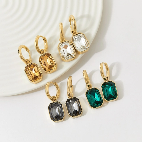 Emerald Cut Crystal Pendant Hoop Earrings Stainless Steel Detachable Versatile Wear Retro Geometric Jewelry For Women
