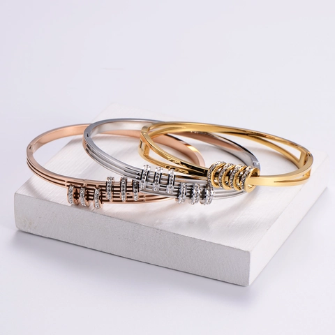 Stainless Steel Rhinestone Bangle Bracelet Sliding Rings Polished Elegant Fashion Jewelry Women