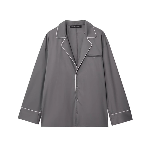 Women Long Sleeve Notch Lapel Polyester Shirt And Drawstring Shorts Loungewear Contrast Piping Pajama Top And Bottom