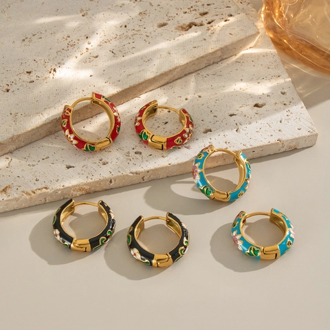 Enamel Flower Huggie Hoop Earrings Vintage Chinese Style Stainless Steel Waterproof Hypoallergenic Retro Jewelry For Women