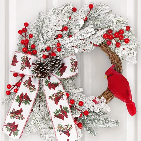 Corona Di Natale Uccello Cardinale Rosso Pigne Bacche Innevate Rattan Naturale Decorazione Per Porta Invernale Casa