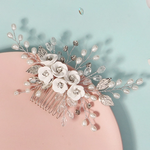 Bridal Hair Comb Handmade White Polymer Clay Flower Faux Artificial Pearl Crystal Silver Leaf Wedding Headpiece For Women