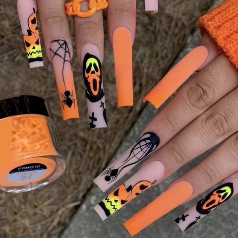 Halloween Press On Nails Long Coffin Matte Orange Black Pumpkin Spider Web Spooky Ghost Pattern Artificial Fake Nails Party