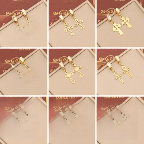 Kruis Drop Hoop Oorbellen Roestvrij Staal Met Zirkoon Strass Religieuze Ankh Dangle Sieraden Voor Vrouwen