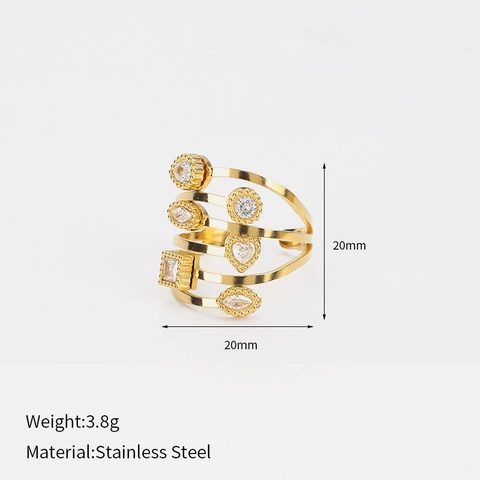 Anello Aperto in Acciaio Inossidabile 304 Geometrico Irregolare da Donna Placcato Oro 18K con Strass Intarsiati Gioielli Moda