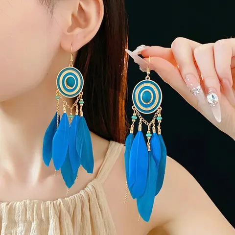 Bohemian Feather Tassel Dangle Earrings Ethnic Vintage Long Geometric Alloy Turquoise With Steel Earring Post