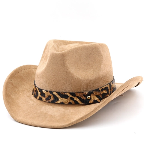 Cappello Da Cowboy Occidentale In Finta Pelle Scamosciata Tesa Larga Cintura Leopardata Regolabile Vintage Jazz Per Donna Uomo
