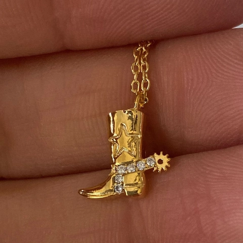 Collana Con Pendente Stivale Da Cowboy Western Rame Placcato Oro Con Zircone Stella Sperone Dettaglio Gioielli Retro Per Donne