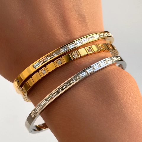 Bangle For Women Geometric Square Zircon Stainless Steel French Retro Light Luxury Vacuum Plating Jewelry Accessories